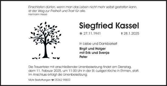 Traueranzeige von Siegfried Kassel 