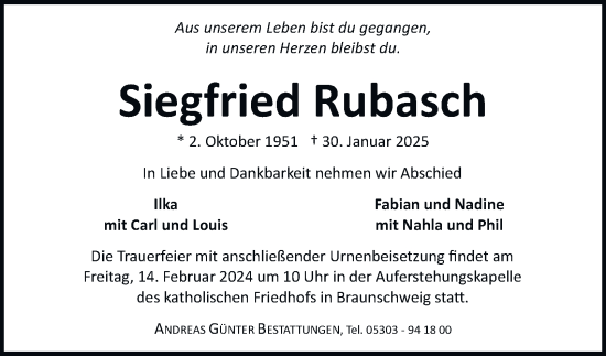 Traueranzeige von Siegfried Rubasch von Braunschweiger Zeitung