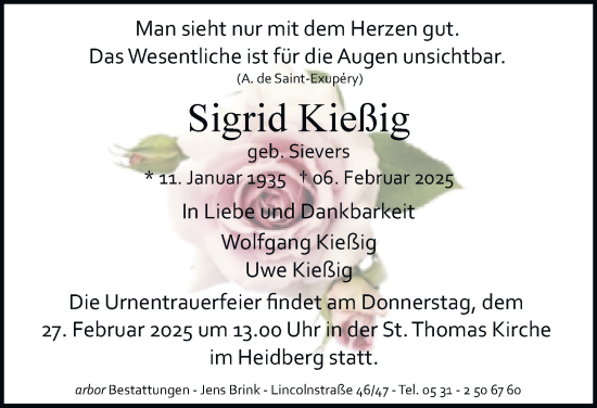 Traueranzeige von Sigrid Kießig von Braunschweiger Zeitung