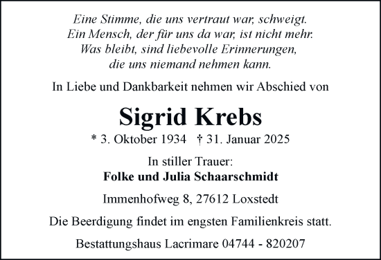 Traueranzeige von Sigrid Krebs von Braunschweiger Zeitung