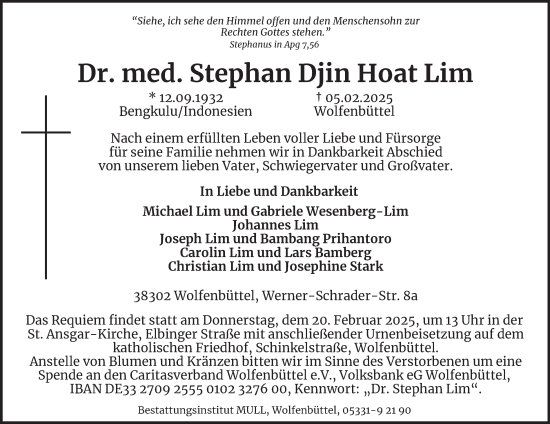 Traueranzeige von Stephan Djin Hoat Lim von Wolfenbütteler Zeitung