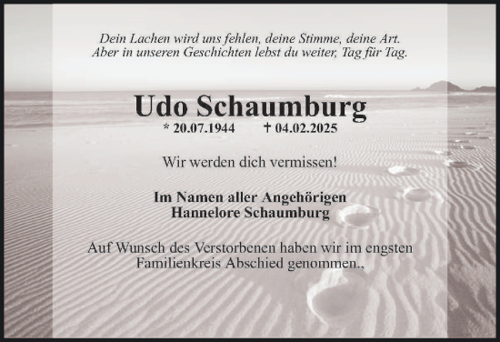 Traueranzeige von Udo Schaumburg von Peiner Nachrichten