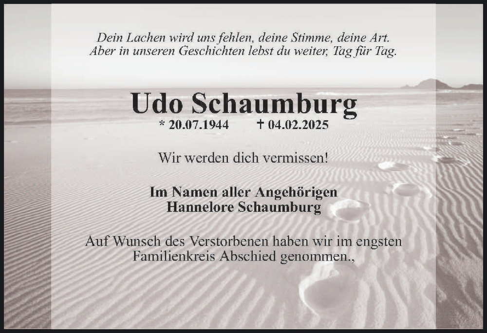  Traueranzeige für Udo Schaumburg vom 19.02.2025 aus Peiner Nachrichten