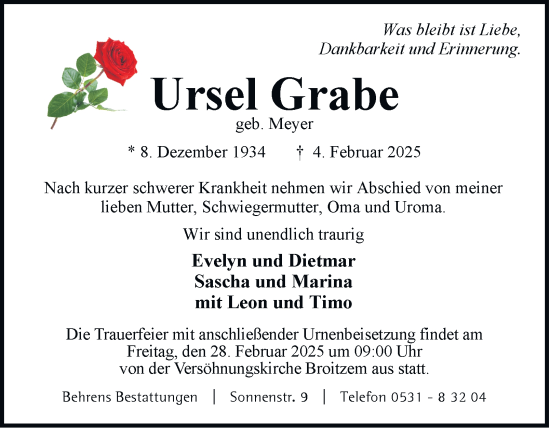 Traueranzeige von Ursel Grabe von Braunschweiger Zeitung