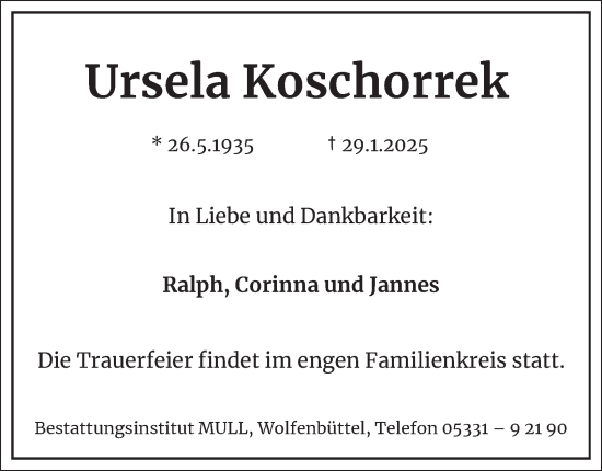 Traueranzeige von Ursela Koschorrek von Wolfenbütteler Zeitung