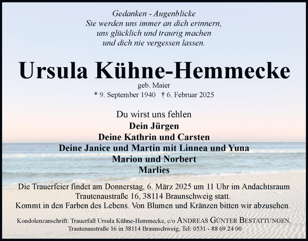  Traueranzeige für Ursula Kühne-Hemmecke vom 15.02.2025 aus Braunschweiger Zeitung, Wolfsburger Nachrichten