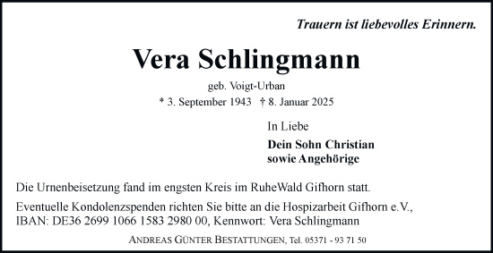 Traueranzeige von Vera Schlingmann 