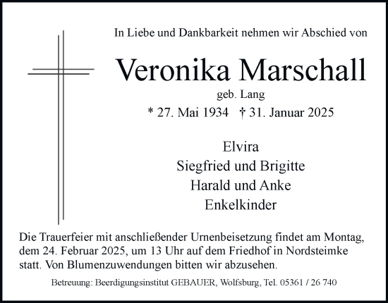 Traueranzeige von Veronika Marschall 