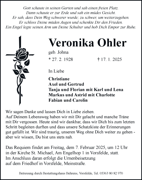 Traueranzeige von Veronika Ohler 