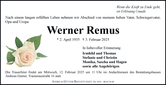 Traueranzeige von Werner Remus 