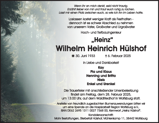 Traueranzeige von Wilhelm Heinrich Hülshof 