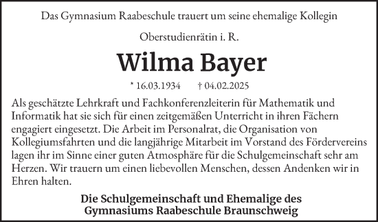 Traueranzeige von Wilma Bayer von Braunschweiger Zeitung