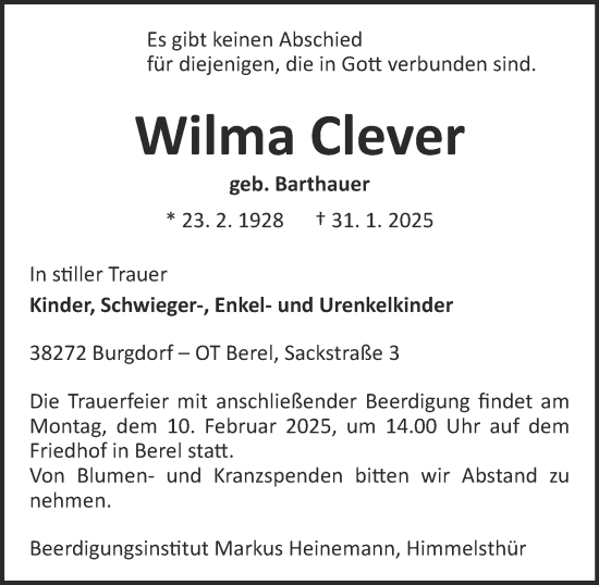 Traueranzeige von Wilma Clever von Salzgitter-Zeitung