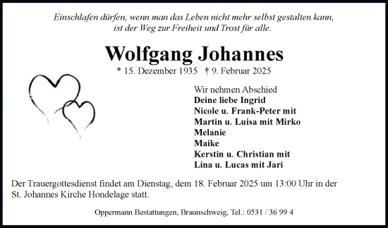 Traueranzeige von Wolfgang Johannes 