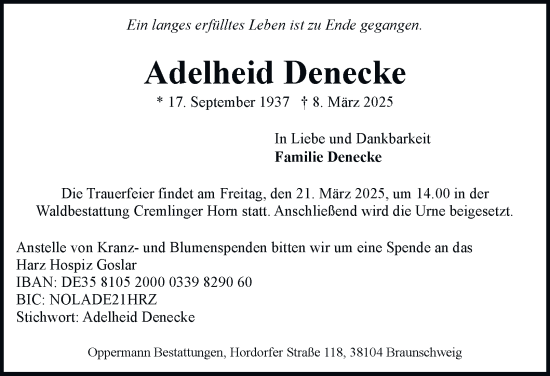 Traueranzeige von Adelheid Denecke 
