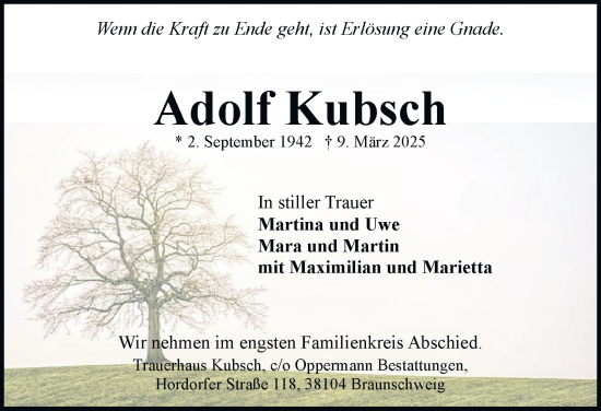 Traueranzeige von Adolf Kubsch 