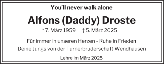 Traueranzeige von Alfons Droste 