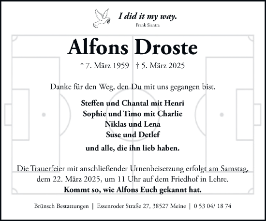 Traueranzeige von Alfons Droste 