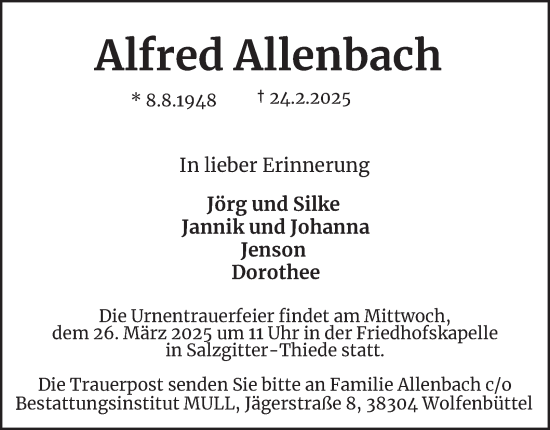 Traueranzeige von Alfred Allenbach von Salzgitter-Zeitung