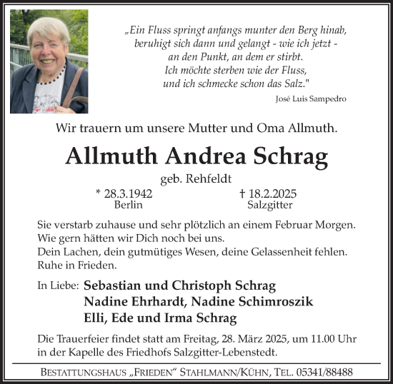 Traueranzeige von Allmuth Andrea Schrag von Salzgitter-Zeitung