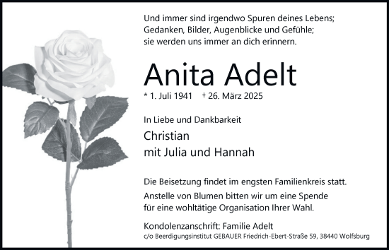 Traueranzeige von Anita Adelt 