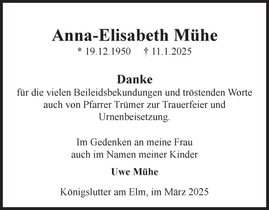 Traueranzeige von Anna-Elisabeth Mühe von Helmstedter Nachrichten