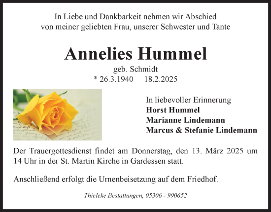 Traueranzeige von Annelies Hummel von Wolfenbütteler Zeitung