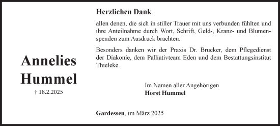 Traueranzeige von Annelies Hummel von Wolfenbütteler Zeitung