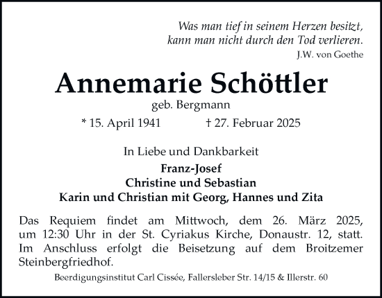Traueranzeige von Annemarie Schöttler 