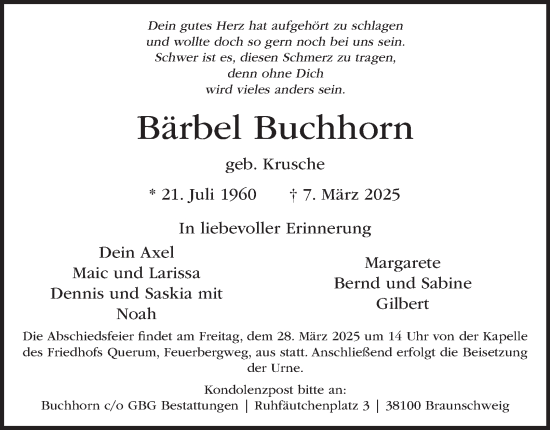 Traueranzeige von Bärbel Buchhorn 