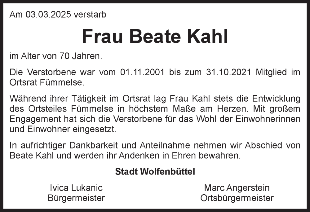  Traueranzeige für Beate Kahl vom 24.03.2025 aus Wolfenbütteler Zeitung