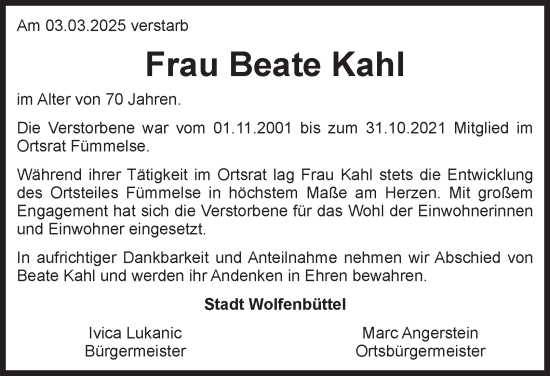 Traueranzeige von Beate Kahl von Wolfenbütteler Zeitung