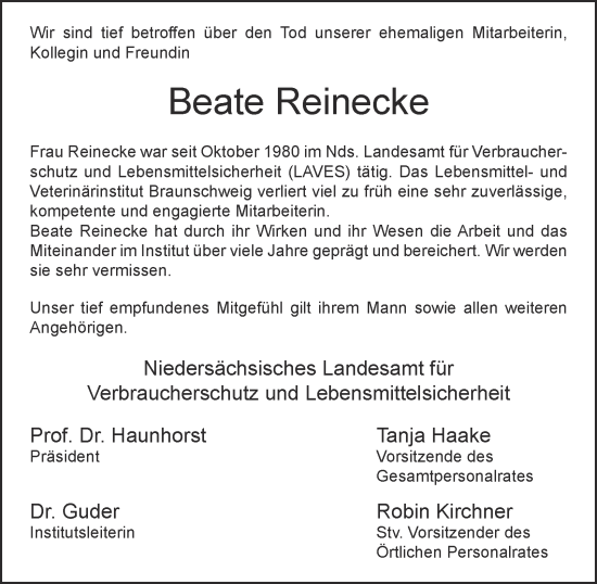 Traueranzeige von Beate Reinecke 