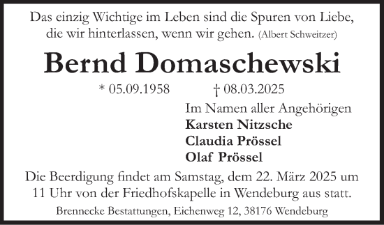 Traueranzeige von Bernd Domaschewski 