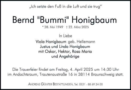 Traueranzeige von Bernd Honigbaum 