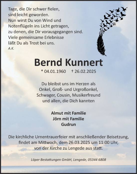 Traueranzeige von Bernd Kunnert von Peiner Nachrichten