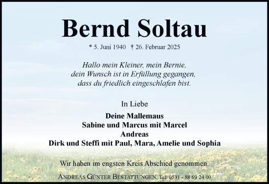 Traueranzeige von Bernd Soltau 