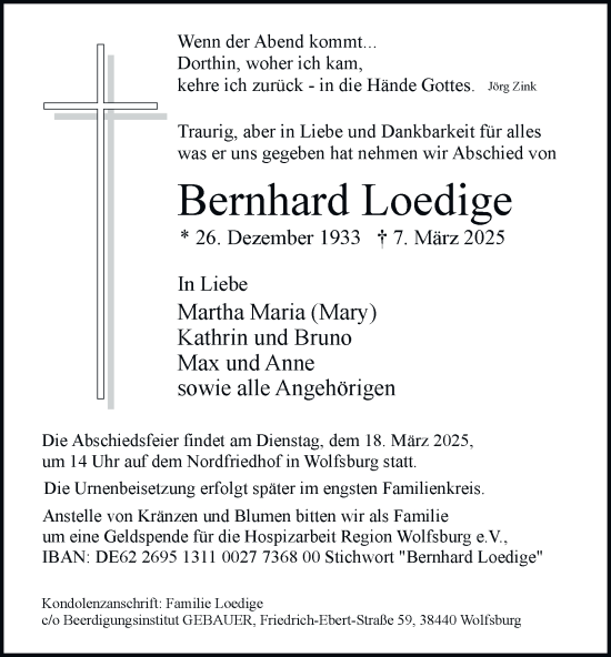 Traueranzeige von Bernhard Loedige 