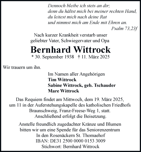 Traueranzeige von Bernhard Wittrock 