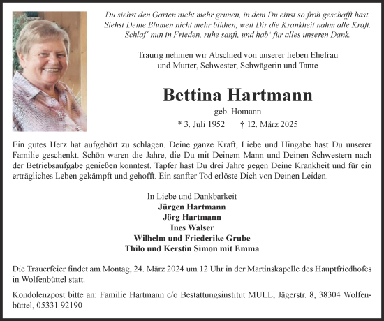 Traueranzeige von Bettina Hartmann von Wolfenbütteler Zeitung