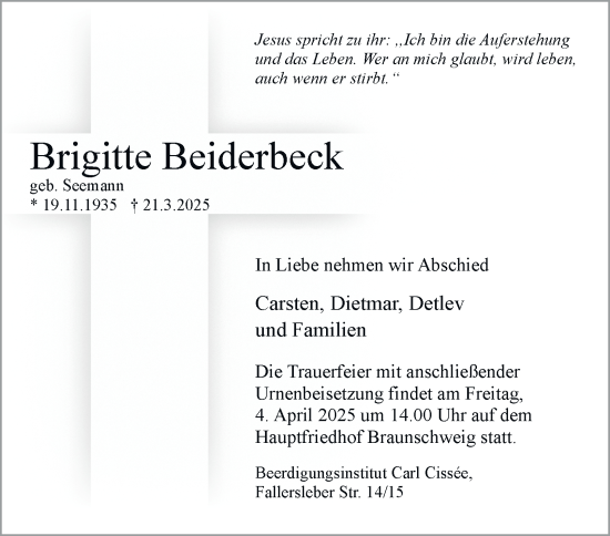 Traueranzeige von Brigitte Beiderbeck 