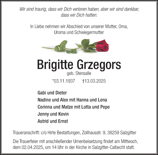 Traueranzeige von Brigitte Grzegors von Salzgitter-Zeitung