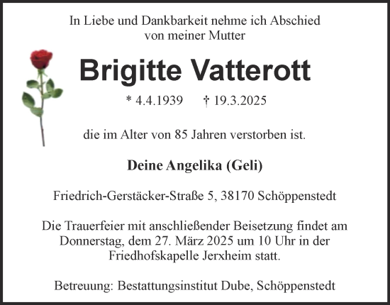 Traueranzeige von Brigitte Vatterott von Helmstedter Nachrichten