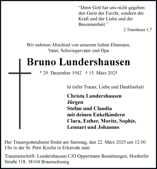 Traueranzeige von Bruno Lundershausen von Wolfenbütteler Zeitung
