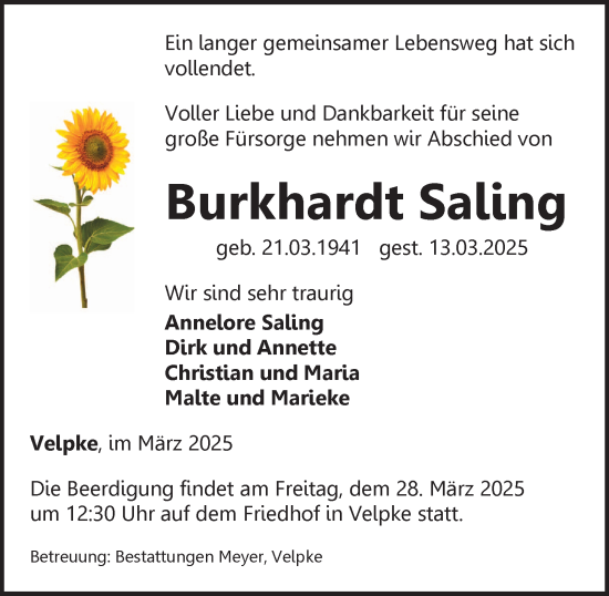 Traueranzeige von Burkhardt Saling 