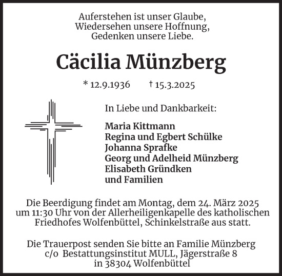 Traueranzeige von Cäcilia Münzberg von Wolfenbütteler Zeitung