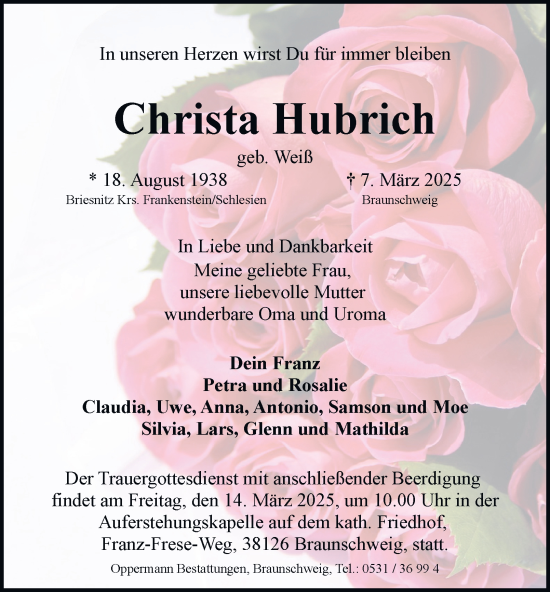 Traueranzeige von Christa Hubrich 