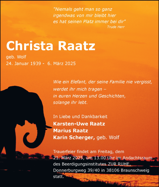 Traueranzeige von Christa Raatz 