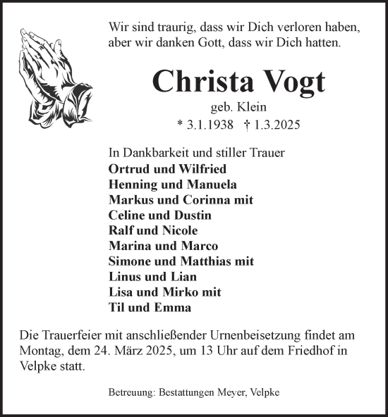 Traueranzeige von Christa Vogt von Helmstedter Nachrichten