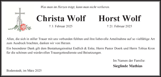 Traueranzeige von Christa und Horst Wolf von Peiner Nachrichten